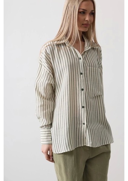 Tek Cep Çizgili Gömlek - Haki modelleri