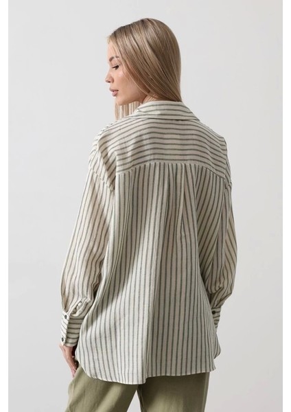 Tek Cep Çizgili Gömlek - Haki fırsatları