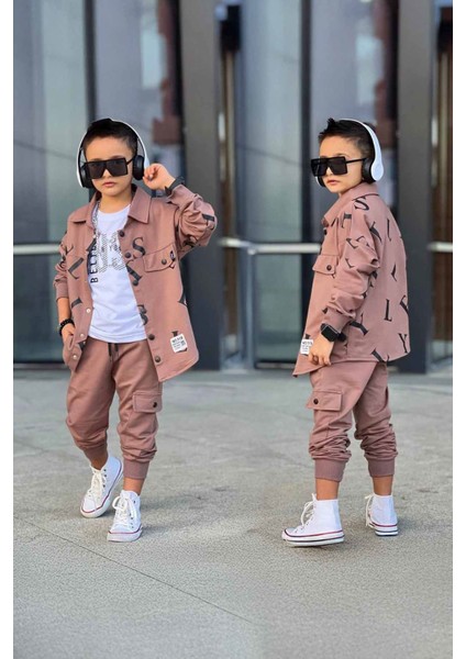 Just Believe Yazılı Ceket Gömlek ve Cepli Jogger Erkek Çocuk Takımı - Kahve