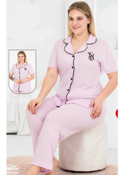 Kısa Kollu Pamuklu Soft Kumaş Piyeli Lila Renk 2 Li Pijama Takımı