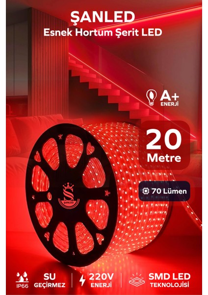 Hortum Esnek Şerit LED Kırmızı Işık + 220V FIŞ/1,2,3,4,5,10,15,20,25,50,100 Metre