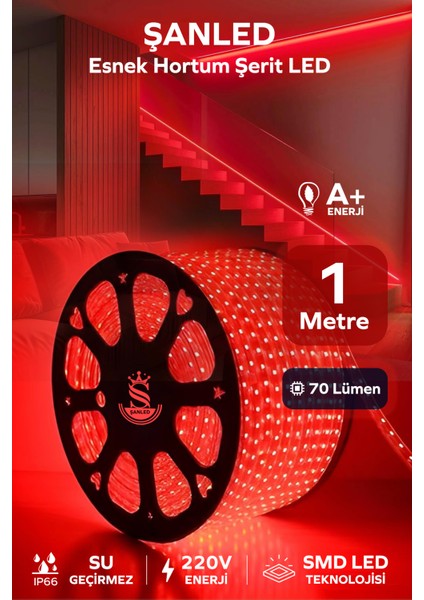 Hortum Esnek Şerit LED Kırmızı Işık + 220V FIŞ/1,2,3,4,5,10,15,20,25,50,100 Metre