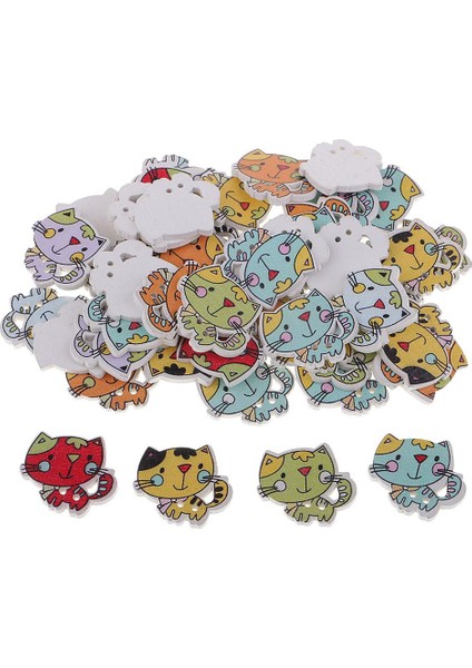 50 Karikatür Kedi Ahşap Düğmeleri Paketi 2 Delik Dikiş Scrapbooking Diy El Sanatları (Yurt Dışından)