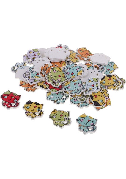 50 Karikatür Kedi Ahşap Düğmeleri Paketi 2 Delik Dikiş Scrapbooking Diy El Sanatları (Yurt Dışından)