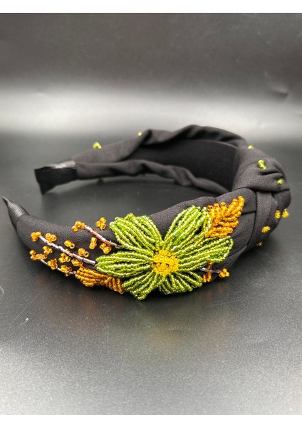 Tasarım Kına Nişan Elişi Siyah Yeşil Çiçekli Boncuk Model Kadın Taç Saç Aksesuar