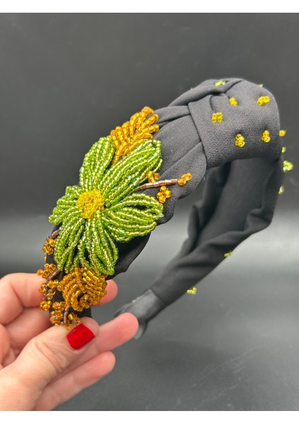 Tasarım Kına Nişan Elişi Siyah Yeşil Çiçekli Boncuk Model Kadın Taç Saç Aksesuar modelleri