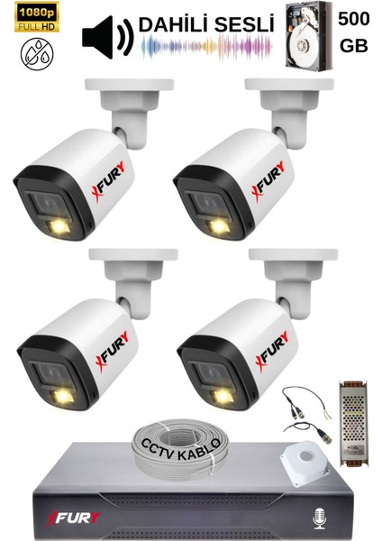 4 Kamera Sesli Gece Renkli Güvenlik Kamerası Full Hd-Su Geçirmez Güvenlik Kamerası Seti 500GB