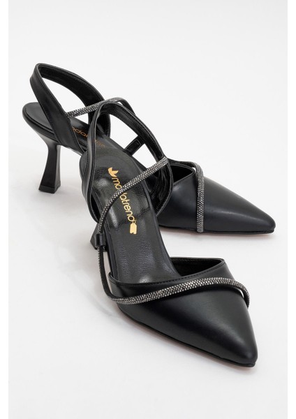 Kadın Taşlı Biyeli Topuklu Ayakkabı Siyah Cilt