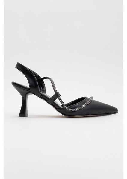 Kadın Taşlı Biyeli Topuklu Ayakkabı Siyah Cilt fiyatları