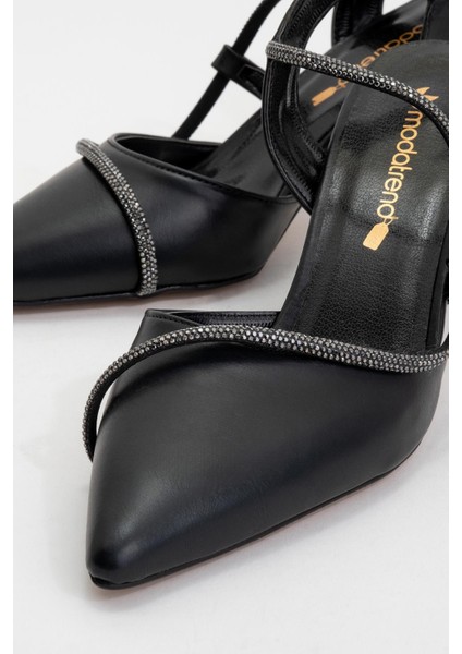 Kadın Taşlı Biyeli Topuklu Ayakkabı Siyah Cilt modelleri