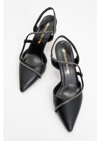 Kadın Taşlı Biyeli Topuklu Ayakkabı Siyah Cilt indirimleri