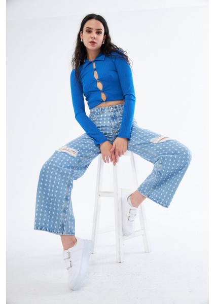 Yırtık Detaylı Wide Leg Jean Pantolon