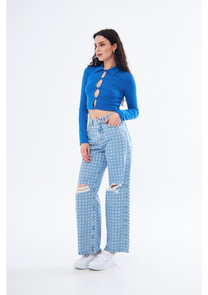 Yırtık Detaylı Wide Leg Jean Pantolon