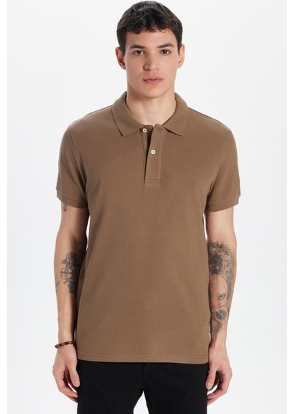 Erkek Slim Fit Dar Kesim %100 Pamuk Kahverengi Polo Yaka Tişört