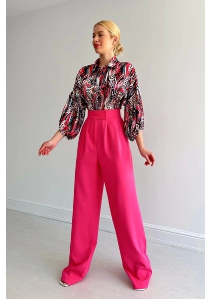 Beli Lastikli Saten Gömlek - Fuşya