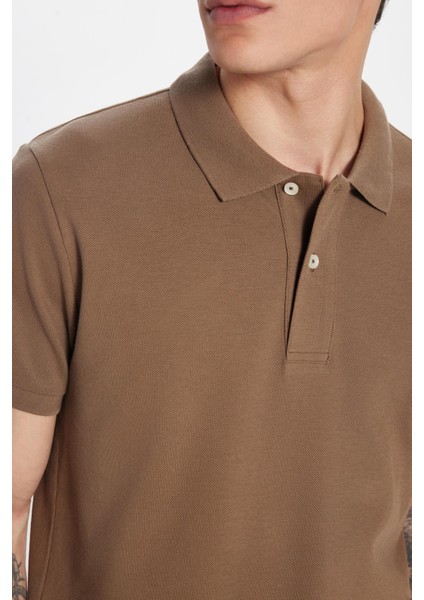 Erkek Slim Fit Dar Kesim %100 Pamuk Kahverengi Polo Yaka Tişört fırsatları