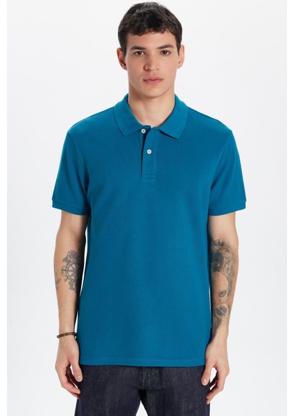 Erkek Slim Fit Dar Kesim %100 Pamuk Mavi Polo Yaka Tişört