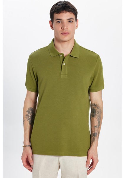 Erkek Slim Fit Dar Kesim %100 Pamuk Haki Polo Yaka Tişört