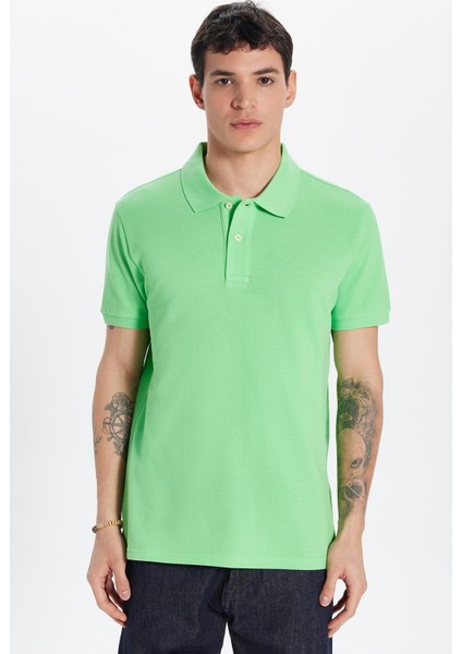 Erkek Slim Fit Dar Kesim %100 Pamuk Yeşil Polo Yaka Tişört