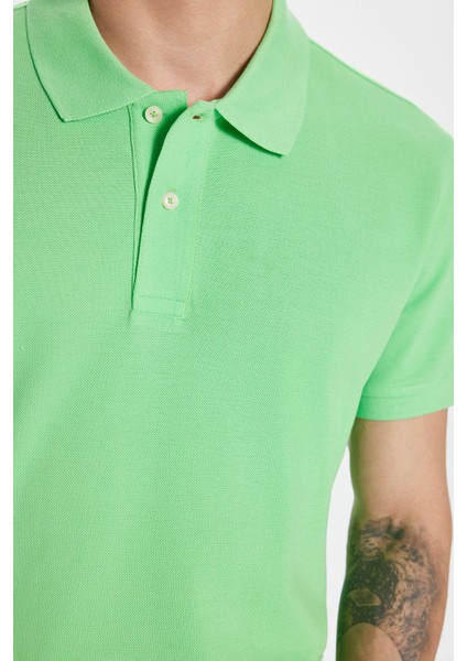Erkek Slim Fit Dar Kesim %100 Pamuk Yeşil Polo Yaka Tişört fırsatları