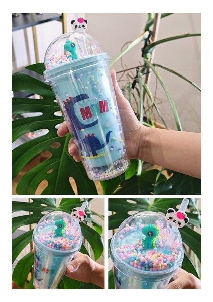 Sevimli Dino Temalı Çift Katman 450 ml Suluk Pipetli Karakter Figürlü Pipetli Matara Suluk Mavi 2769