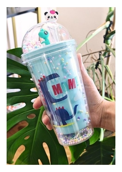 Sevimli Dino Temalı Çift Katman 450 ml Suluk Pipetli Karakter Figürlü Pipetli Matara Suluk Mavi 2769