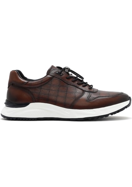Erkek Kahverengi Kroko Desenli Bağcıklı Deri Sneaker 25SFD692318