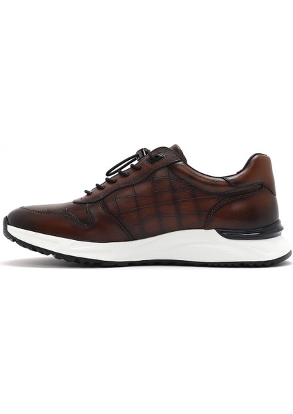 Erkek Kahverengi Kroko Desenli Bağcıklı Deri Sneaker 25SFD692318