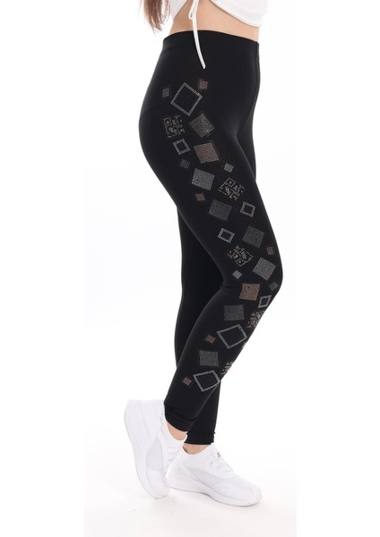 Siyah Yanı Taş Işlemeli Toparlayıcı Tayt