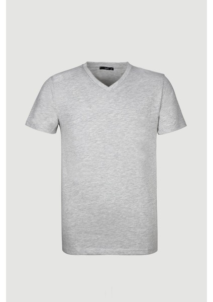 V Yaka Kısa Kollu Gri T-Shirt