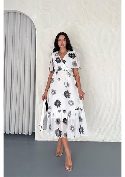 Dipmoda kadın kuşaklı çiçek desenli şifon elbise DPK41181