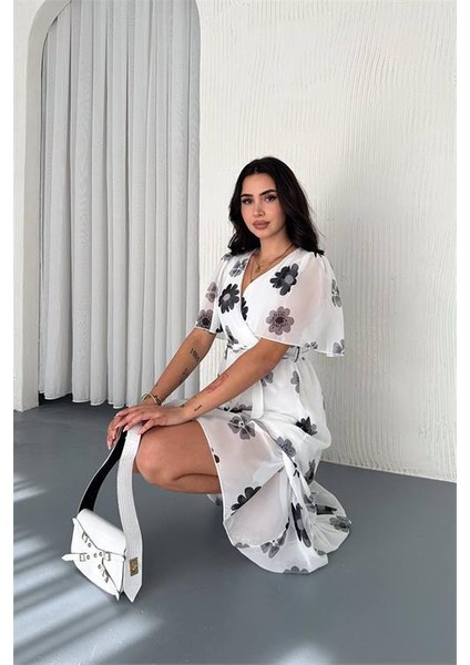 Dipmoda kadın kuşaklı çiçek desenli şifon elbise DPK41181