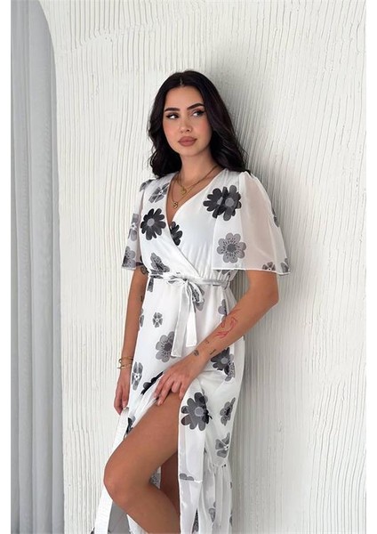 Dipmoda kadın kuşaklı çiçek desenli şifon elbise DPK41181