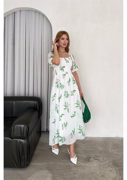 Dipmoda kadın kare yaka gipeli şifon elbise DPK4119