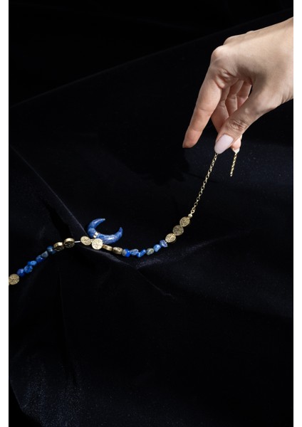 Saraswati Lapis Hilal Kolye- Gümüş Üzeri Altın Kaplama