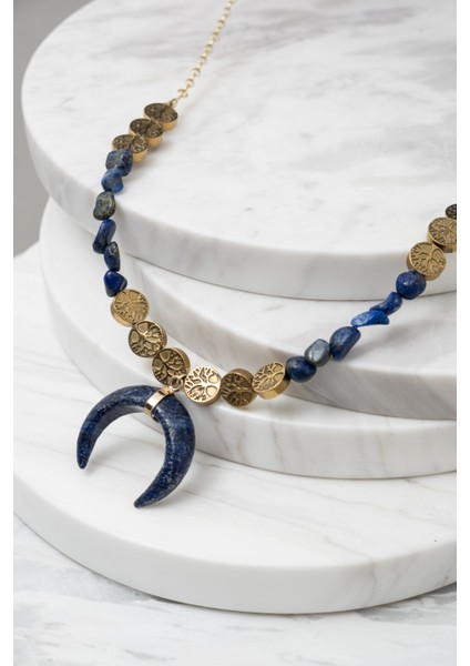 Saraswati Lapis Hilal Kolye- Gümüş Üzeri Altın Kaplama