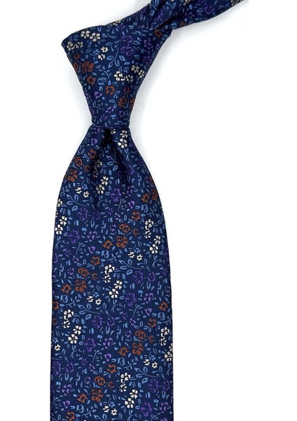 Lacivert Çiçek Desen Mendilli Klasik Kravat KK13158