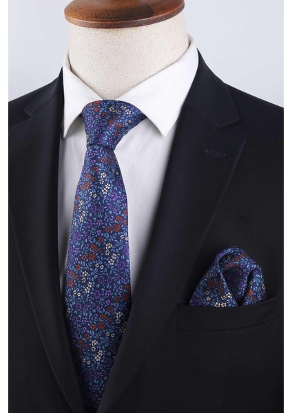 Lacivert Çiçek Desen Mendilli Klasik Kravat KK13158 fiyatları