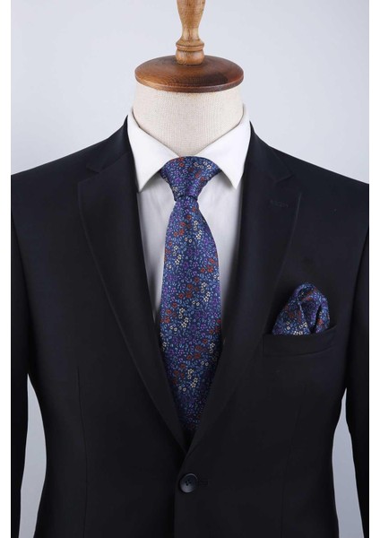 Lacivert Çiçek Desen Mendilli Klasik Kravat KK13158 fırsatları