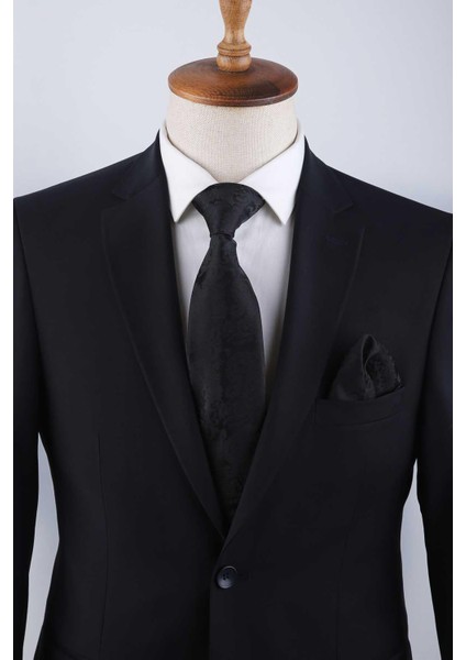 Siyah Şal Desen Mendilli Klasik Kravat KK13117 fırsatları