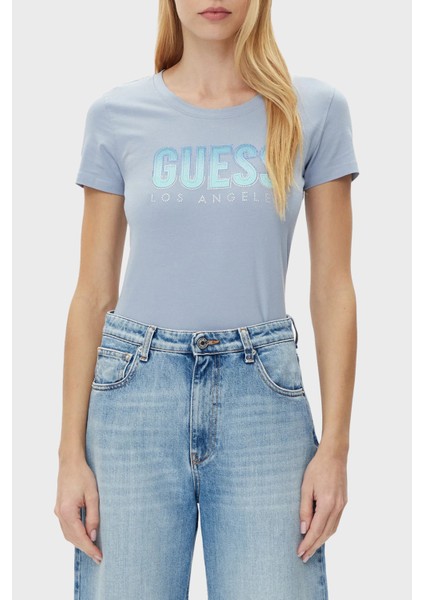 Cn Ss Glitter Pamuklu Taşlı Logo Slim Fit Bisiklet Yaka T Shirt W5GI14J1314 Kadın T Shirt W5GI14 J1314 A70Q