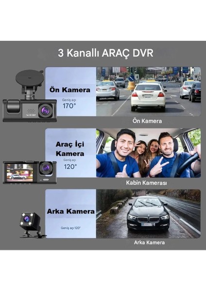 1080P Dvr 3 Adet Ön Arka Iç Geniş Açılı Sürüş Kaydedici 2 Inç Ekranlı Gece Görüşlü Araç Kamerası modelleri