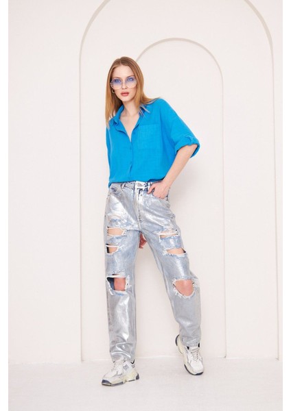 Varaklı Lazer Detay Straight Jean Pantolon