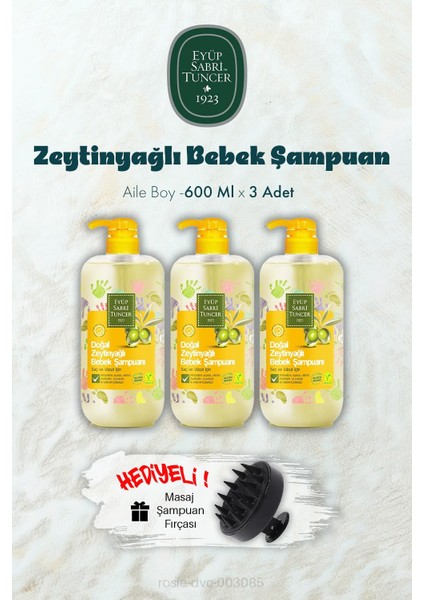 3 Adet Zeytinyağlı Bebek Şampuan 600 ml ve Şampuan Fırçası Hediyeli