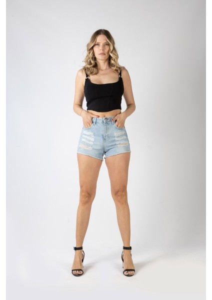 Ön Komple Lazerli Denim Şort