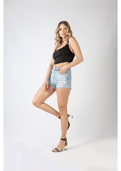 Ön Komple Lazerli Denim Şort