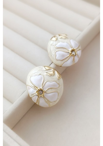 Gold Beyaz Çiçek Motifli Luxury Mine Dolgu Renkli Tasarım Küpe