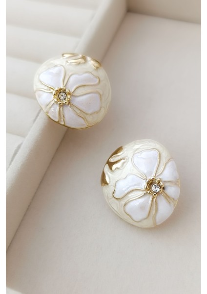 Gold Beyaz Çiçek Motifli Luxury Mine Dolgu Renkli Tasarım Küpe modelleri