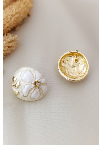Gold Beyaz Çiçek Motifli Luxury Mine Dolgu Renkli Tasarım Küpe fırsatları