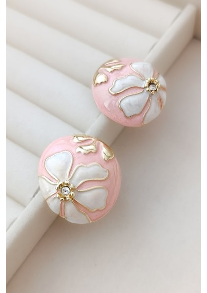 Gold Pembe Çiçek Motifli Luxury Mine Dolgu Renkli Tasarım Küpe